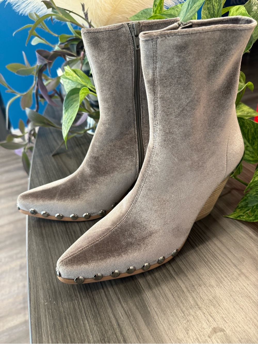Jeffrey Campbell Walton Velvet Studded Ankle Boots - Taupe